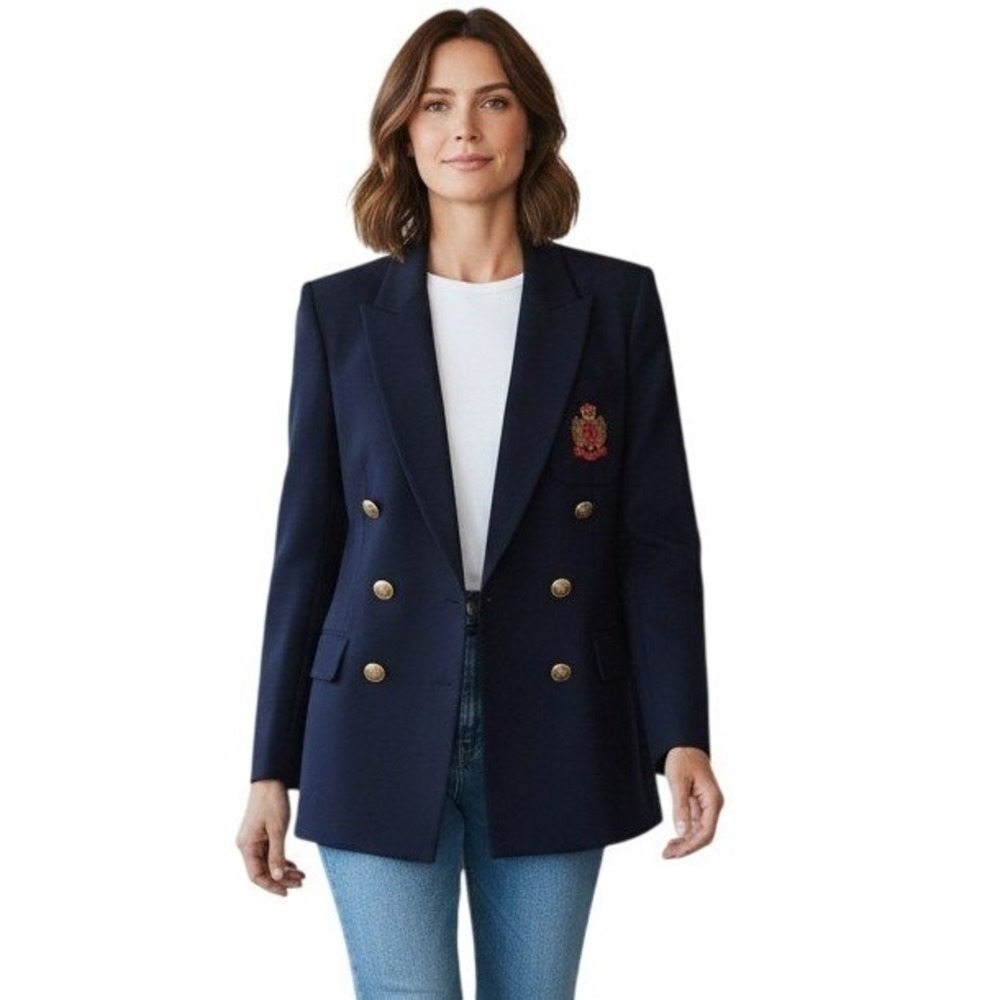 Charter Club Vintage Navy Blue 100% Wool Double Breasted Beaded Crest Blazer 4